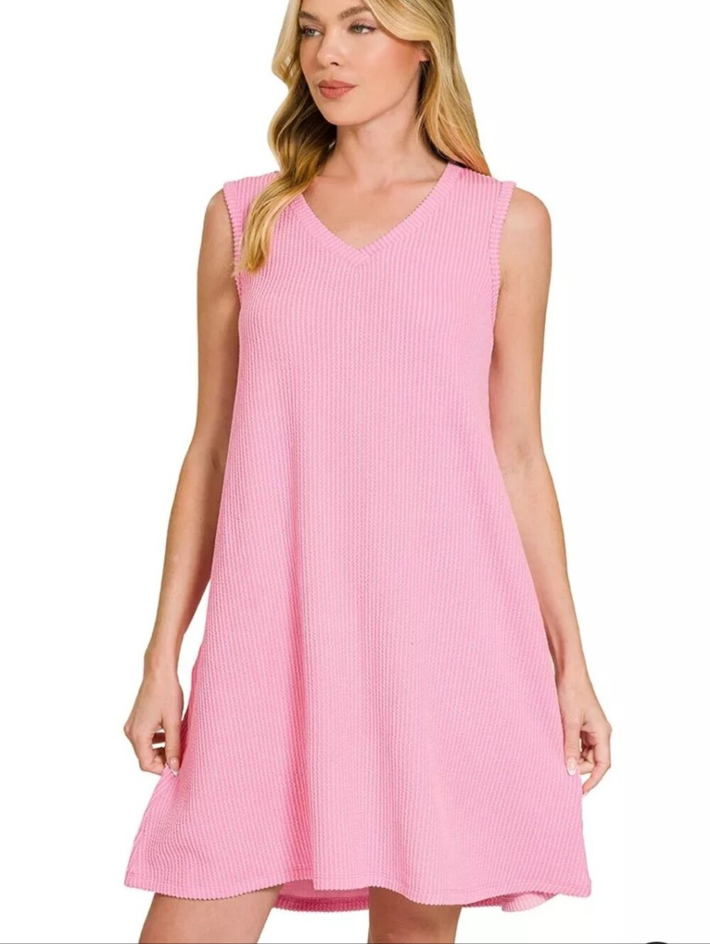 Zenana Outfitters Pink Sleeveless V-Neck Knit Swing Dress